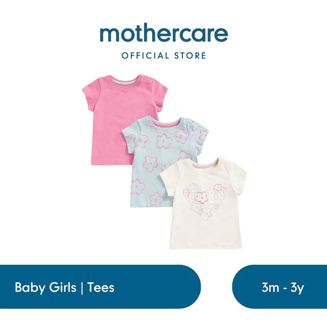 Mothercare Flower T-Shirts - 3 Pack - Set Kaos Bayi Perempuan (Krem)