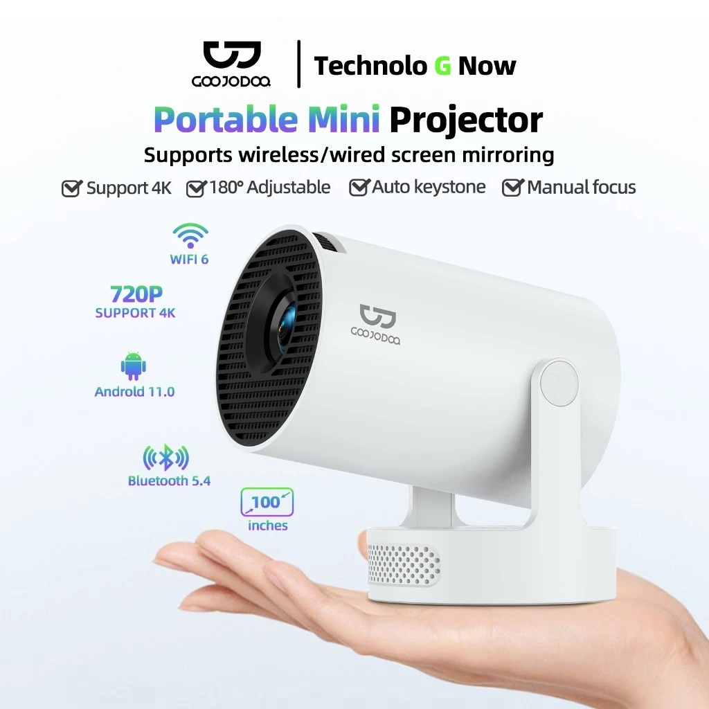 Goojodoq Portable Projector With Bluetooth 4K 720P Speaker HD 180 Angle Adjustable 110 Inch Screen