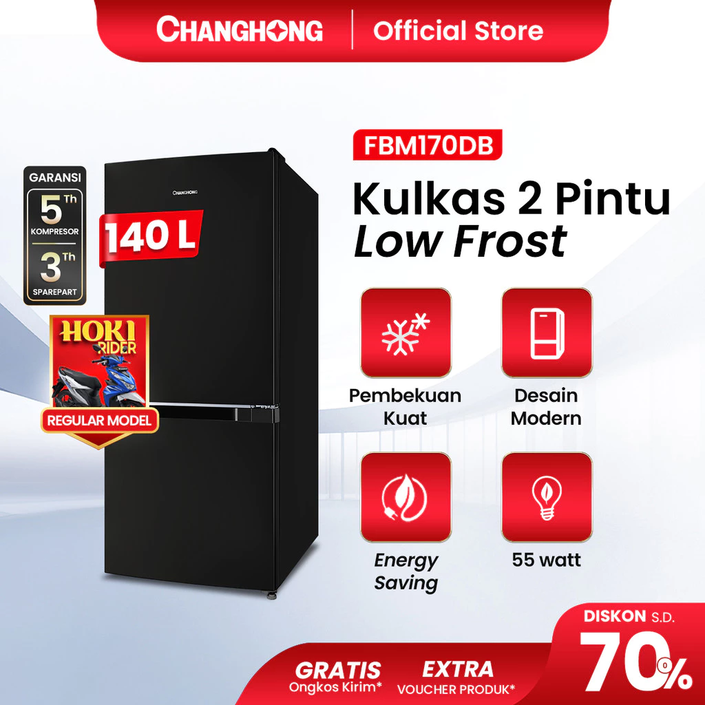 Changhong Kulkas 2 Pintu (Bottom Mounted Refrigerator) Lemari Es Kapasitas 140 Liter FBM170DB Black