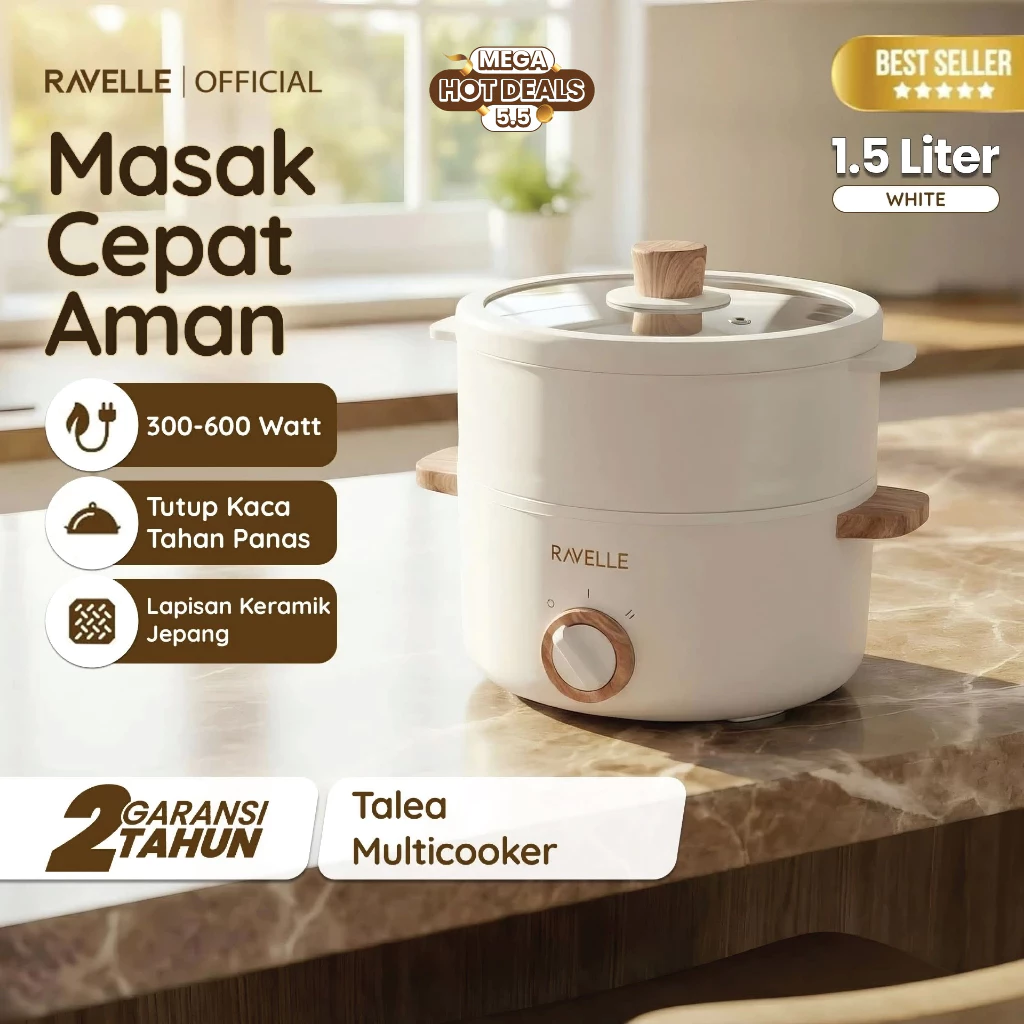 Ravelle - Talea Multicooker Panci Listrik Multifungsi 1.5 Liter Low Watt Ceramic Non Stick + Steamer
