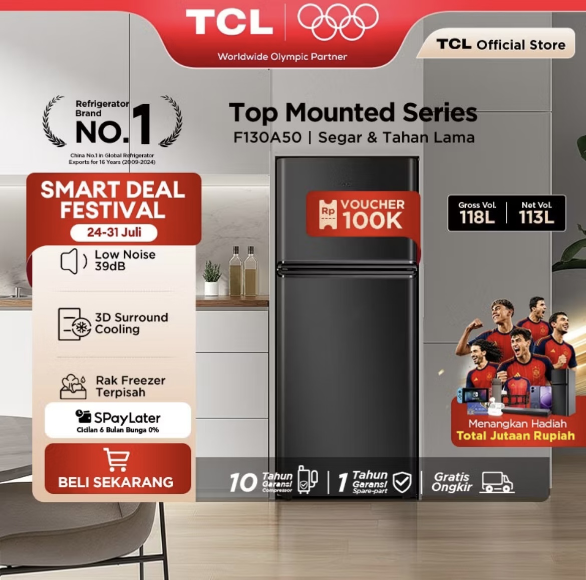 ￼TCL Kulkas 2 Pintu (F130-A50) - Kapasitas 118L - Rak Freezer Terpisah - 3D Surround Cooling - Adjustable shelves - Low Noise 39dB - Metal Panel - Kulkas Mini - Lemari Es - Kulkas Kecil Kamar