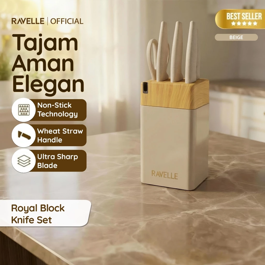 RAVELLE - Royal Block Knife Set 7IN1 Pisau Dapur Anti Lengket Stainless Steel, Knife Block, Gunting