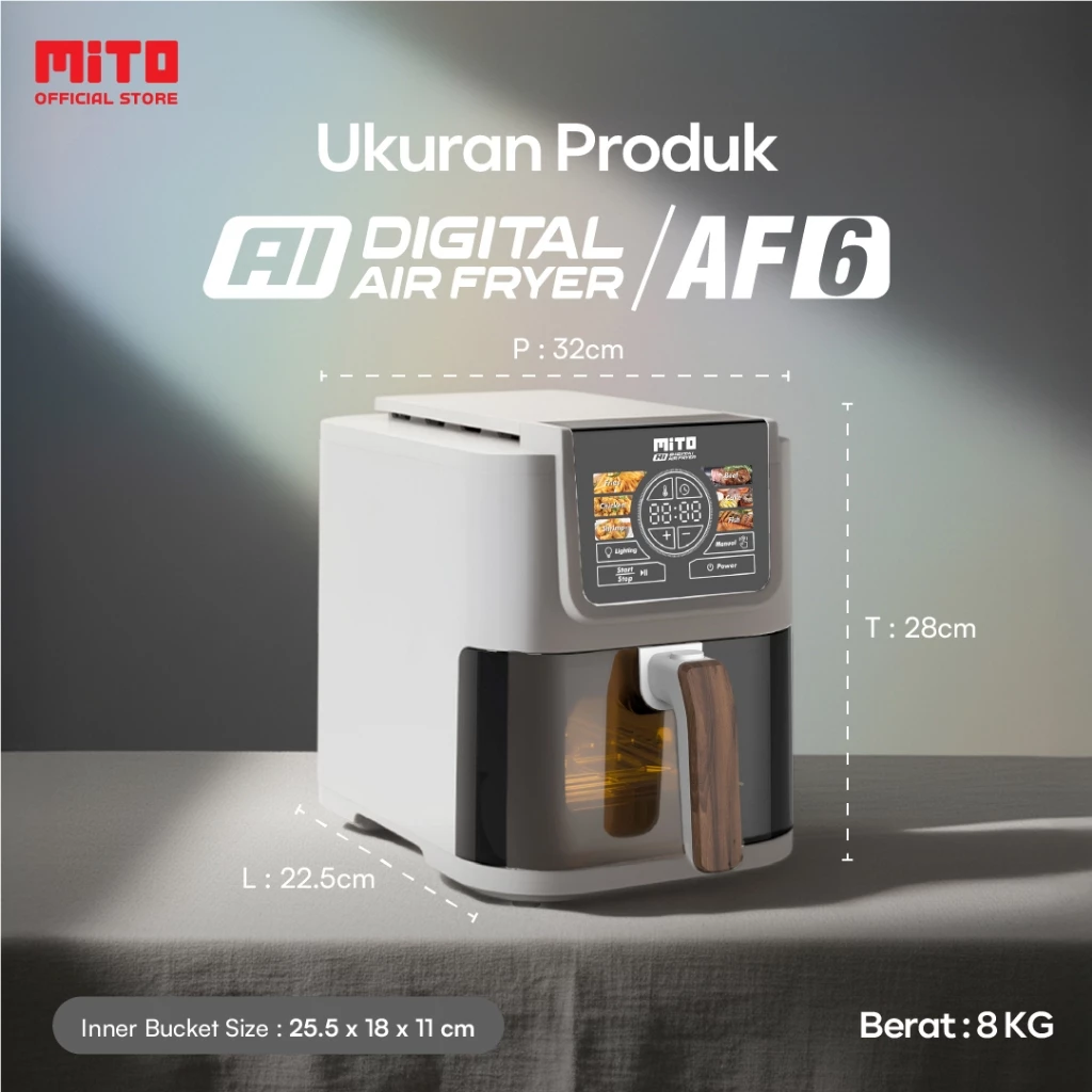 MITO Air Fryer AF6 Smart AI-Fryer Digital, Low Watt, 5L Semi Transparan, Touch Screen LED